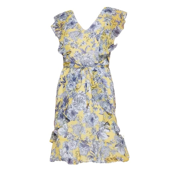 Tommy Hilfiger Flutter-Sleeve Chiffon fit & flare dress Floral Yellow Dress Sz 4 - Picture 2 of 6